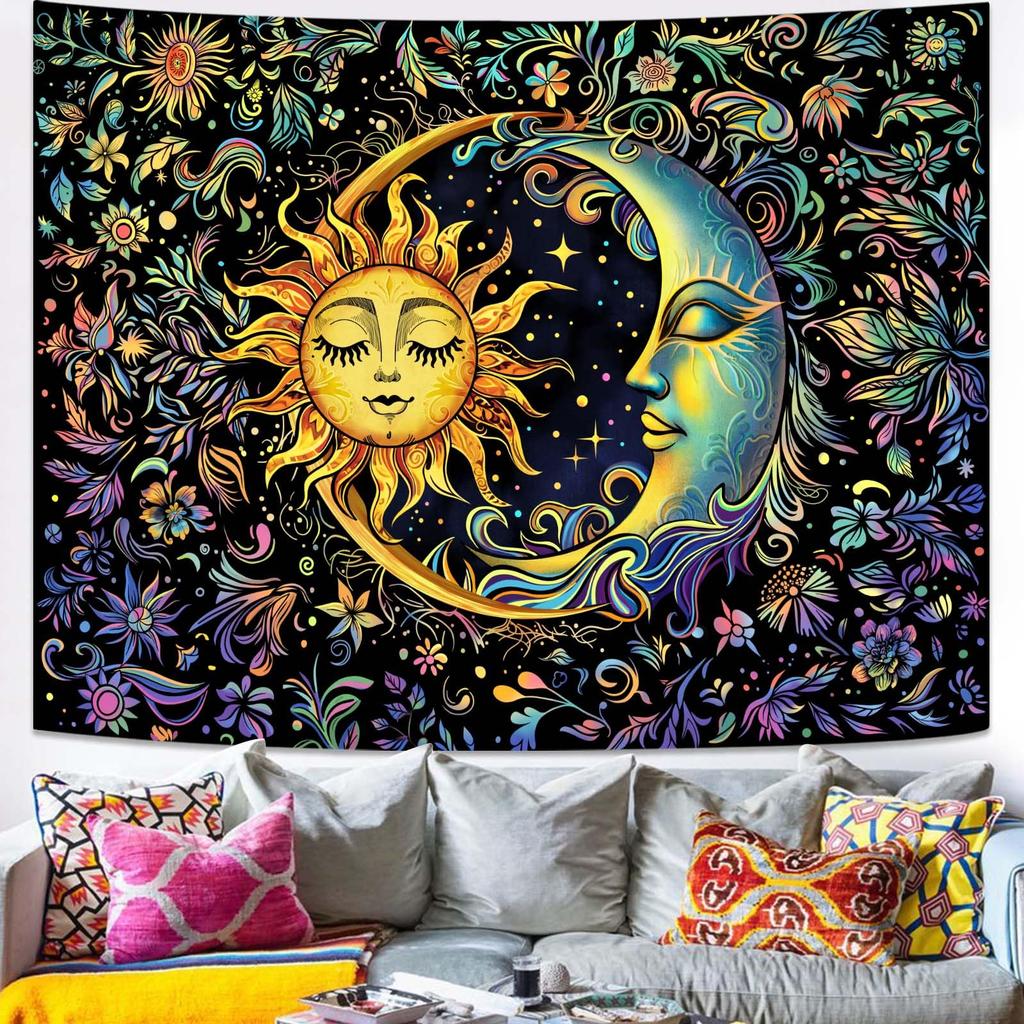 Boho Sun and Moon Tapestry, Colorful Celestial Starry Sky Mandala Print Wall Hanging for Bedroom Living Room Dorm Decor
