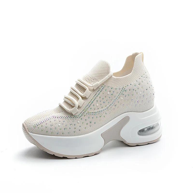 Fashion 8cm Height Increasing Women's Vulcanize Shoes with Breathable Mesh and Hollow Out Design for Sports and Leisure Platform Sneaker