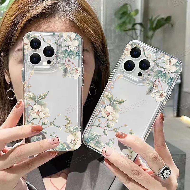 Delicate White Floral Green Leaves Phone Case for iPhone 17 16 15 14 13 12 11 16E Series Pro Max Plus Double Layer Protection