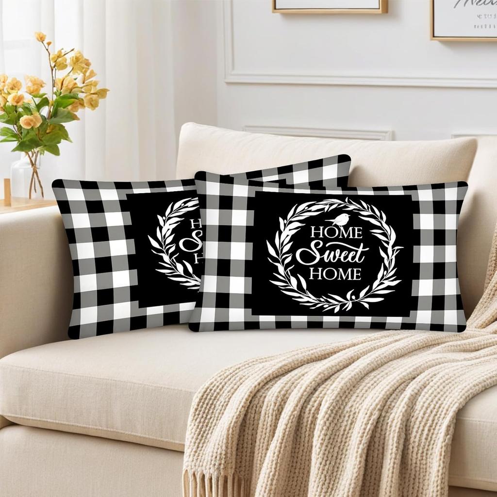 Plaid 12X20 Throw Pillow Covers Black and White Soft Throw Pillows for Couch, Sweet Home Decorative Couch Pillow Covers for Bedroom Living Room,
