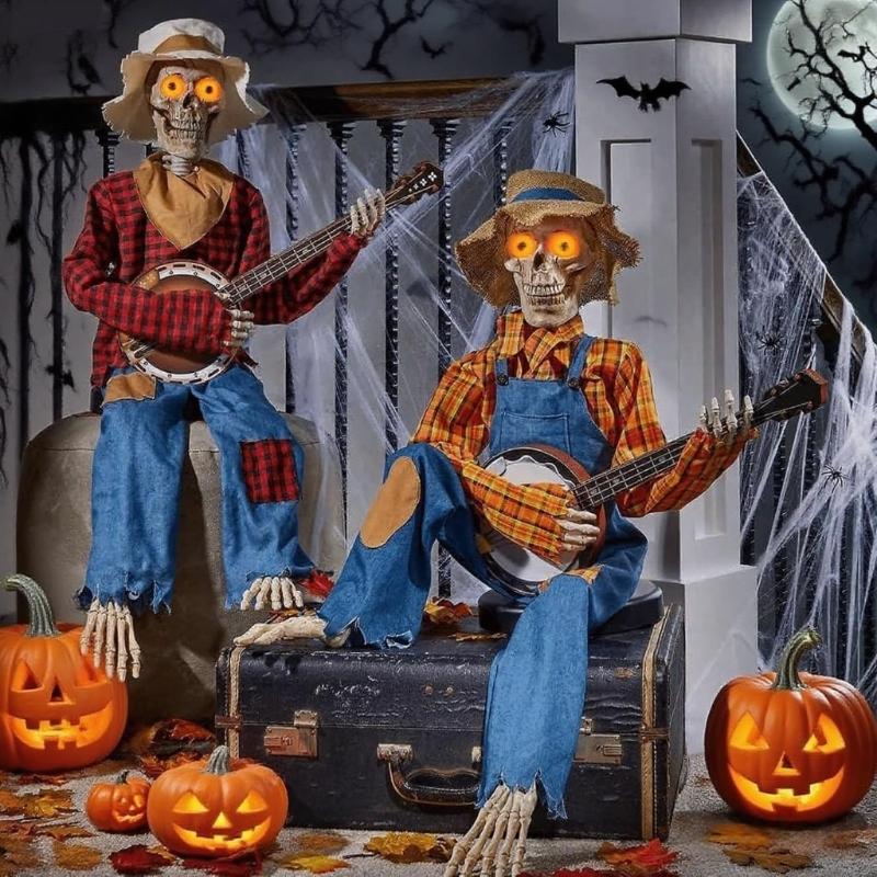 Dueling Banjo Playing Skeletons Halloween Decoration Set Illuminating Plastic Musicians For Home Yard Themed Parties