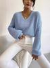 Women's European and American V-neck Solid Color Lantern Sleeve Sweater - Autumn 2023 Collection