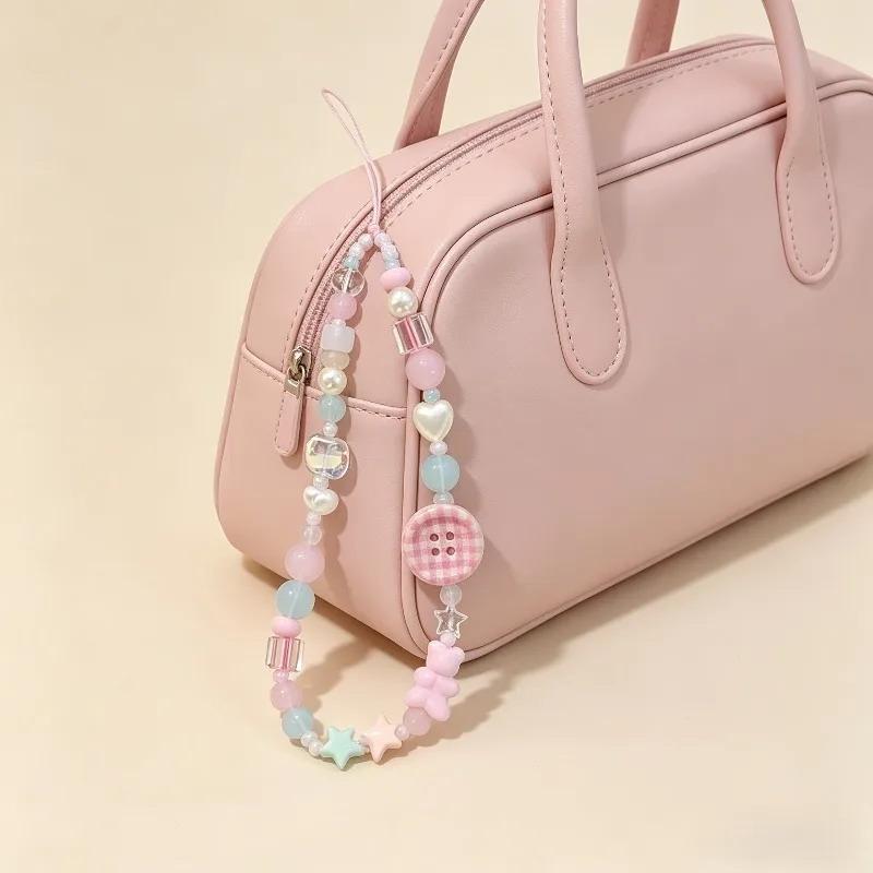 3D Button Beaded Phone Chain Charm Lanyard Korean Sweet Cute Aesthetic Decor Strap for Backpack Key Student Daily Use
