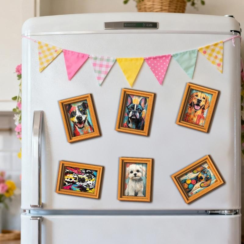 Artistic Dog Themed Refrigerator Magnets Natural Wood Frame Fridge Magnets for Kitchen Decoration