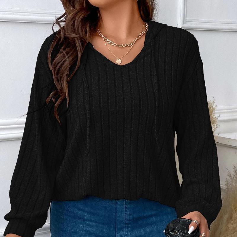 Lässiger, lockerer Pullover mit langen Ärmeln für Damen, Kapuzenpullover mit V-Ausschnitt und Bindeband, einfarbig, gestreifter Patchwork-Langarmpullover, bequemes, weiches Arbeitsoberteil mit unregelmäßigem Saum