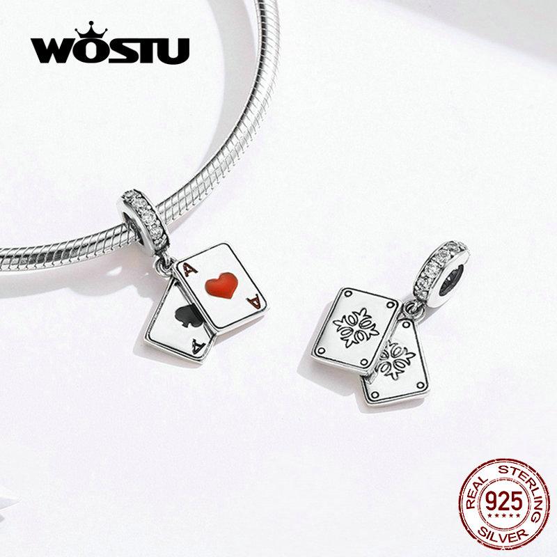 WOSTU Poker Red Heart A Dangle Charm 925 Sterling Silver Dazzling Zircon Beads Fit Original DIY Bracelet Jewelry Making CQC1172