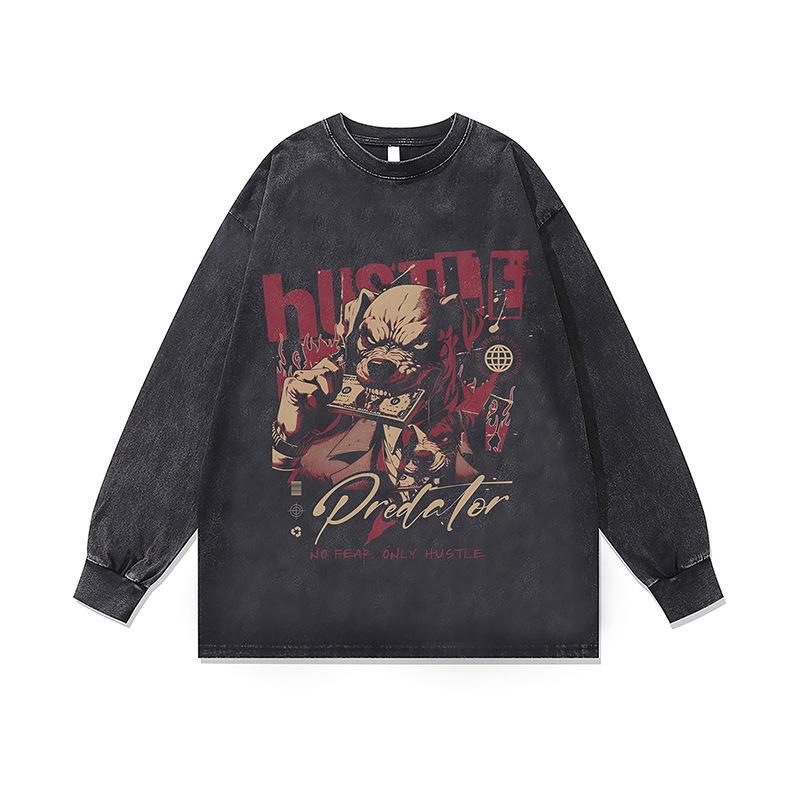 Dark Cartoon Digital Direct Injection Printing Washed Long-Sleeved T-Shirt For Men And Women American Retro Crew Neck Sweater