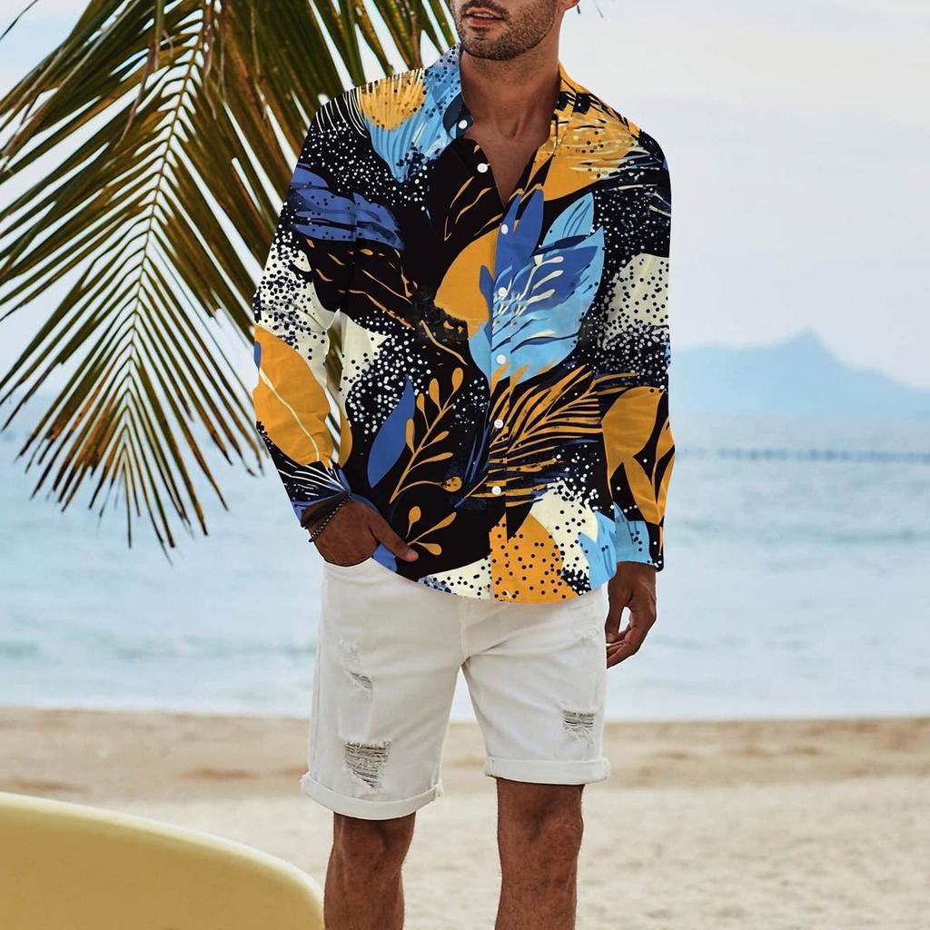 Men's Fashion Long Sleeve Printed Casual T Shirt Button Regular Fit Shirt Top