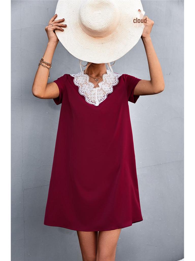 2022 European & American Cross-Border Summer V-Neck Lace Dress for Women