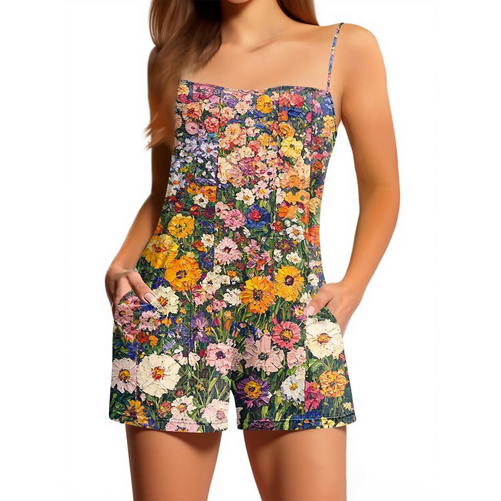 Women's Casual Fashion Floral Print Sleeveless Suspenders With Pockets Jumpsuit Shorts