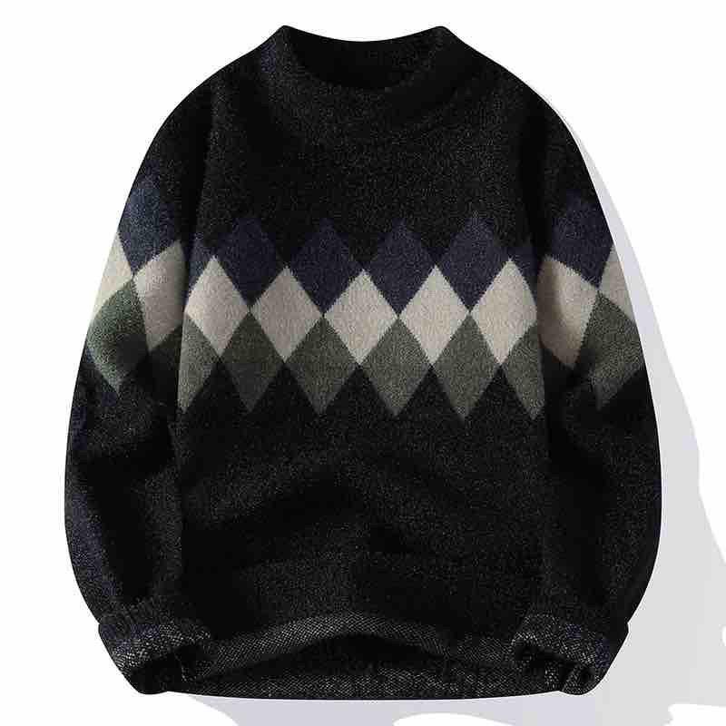 Höst Vinter Ny Herrtröja Mock Neck Lingge Patchwork Kontrastfärg Koreansk Trend Mode Pullovers Långärmad Stickad Topp