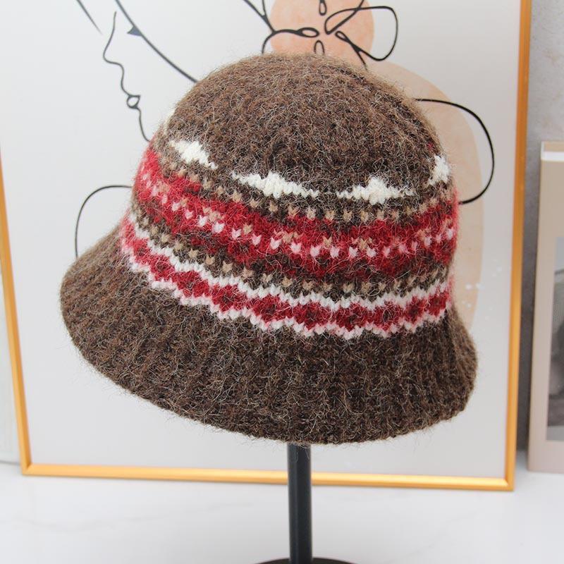 Vintage Fair Island jacquard knitted bucket hat women's autumn and winter plush warm bucket hat literary short brim basin hat