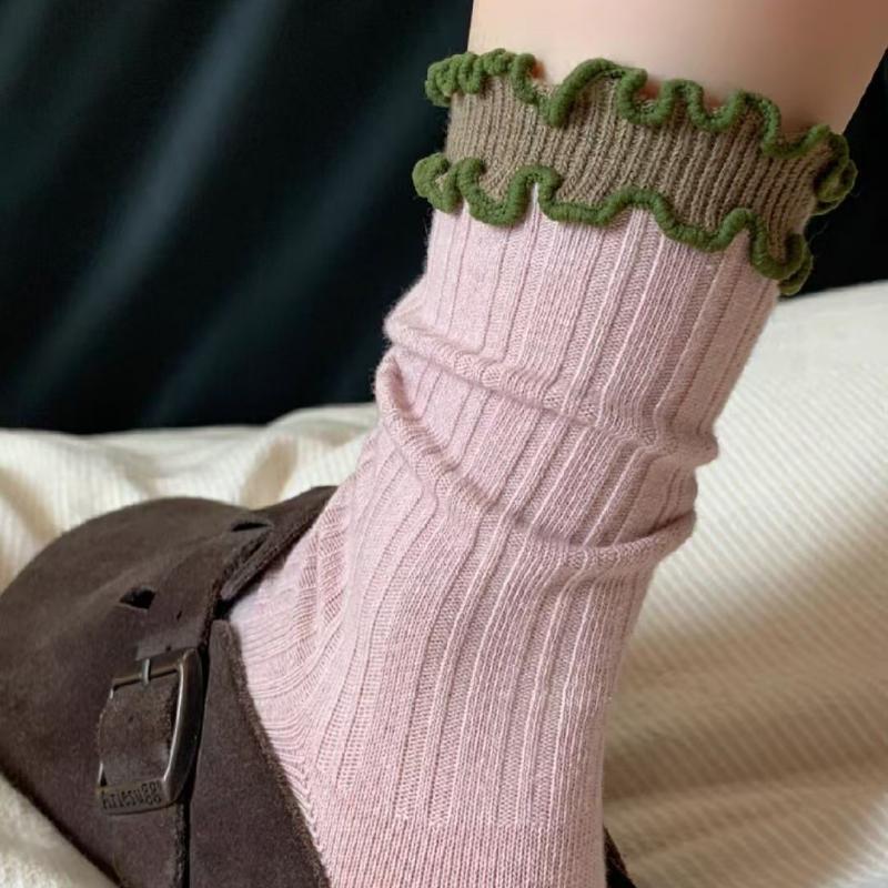6 Pairs Retro Color Matching Double-layer Lace Women's Socks High Value Cute Wooden Ear Edge Lace Medium Tube Socks