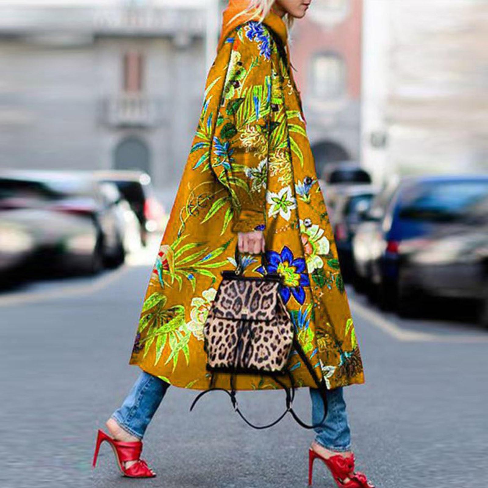 

Модная женская карманная куртка с принтом, верхняя одежда, кардиган, пальто, длинный плащ M жёлтый