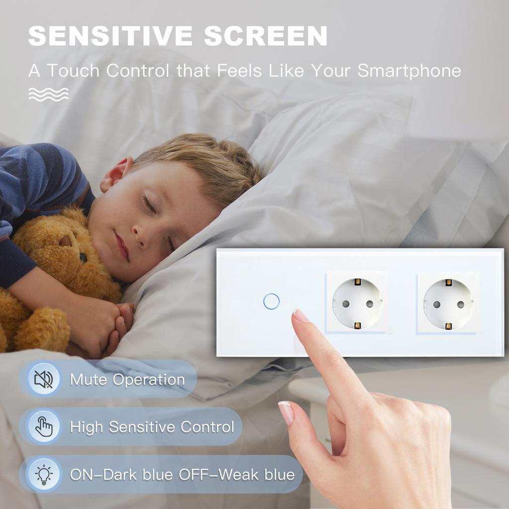 BSEED 1/2/3Gang Touch Light Switch 1/2/3Way Sensor Stair Switches Plus Wall Socket EU Standard Glass Panel Blue Back Light 10A