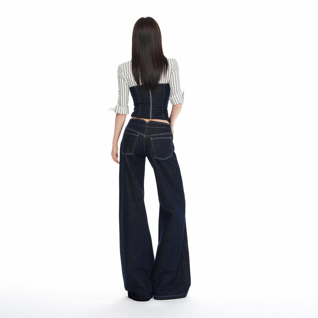 No waist mid-low waist slightly pulled jeans women's autumn new Spice Girl loose and thin wide-leg flared pants