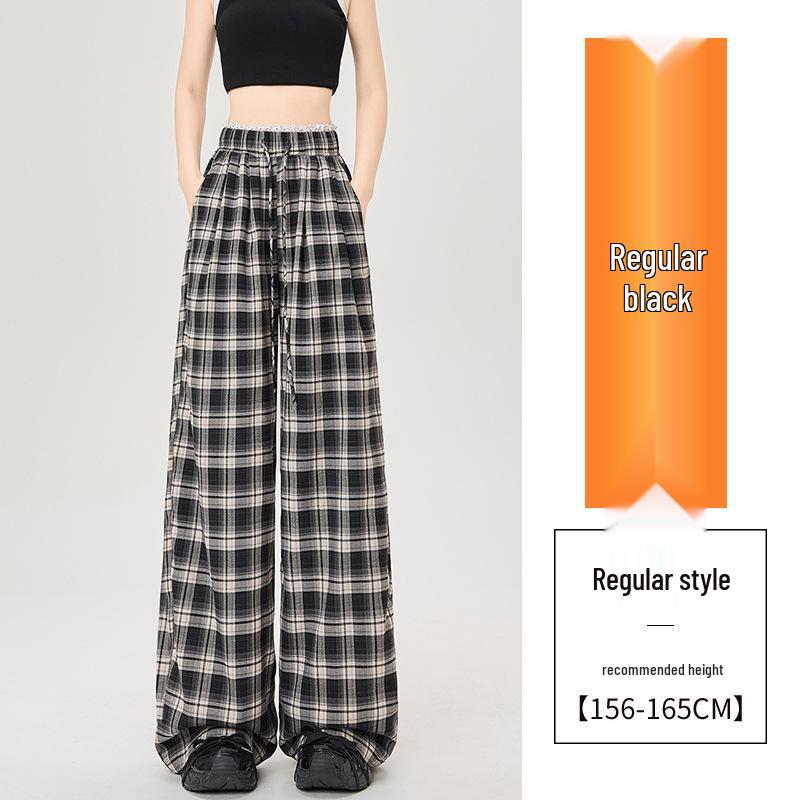 Lace Trim Plaid Wide-Leg High-Waisted Casual Pants for Women L
