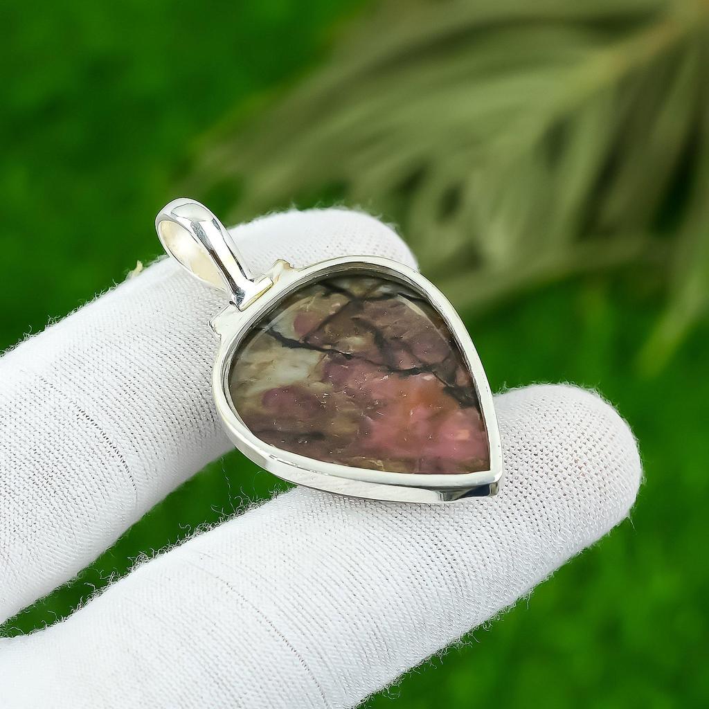 Natural Rhodonite Gemstone Pendant Handmade 925 Sterling Silver Indian Jewelry