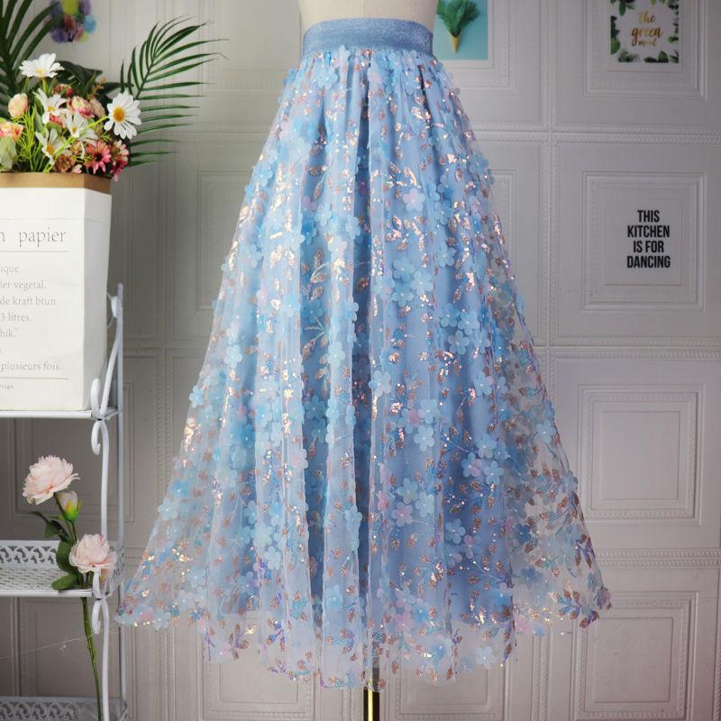 3D Embroidered Sequin A Line Tulle Skirt High Waist Fairy Semi Skirt