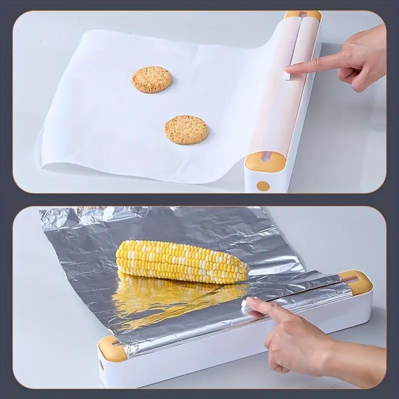 2 In 1 Plastic Wrap Cutter Cling Film Dispenser Tin Paper Aluminum Foil Parchment Paper Storage Cutting Box Kitchen Package Tool