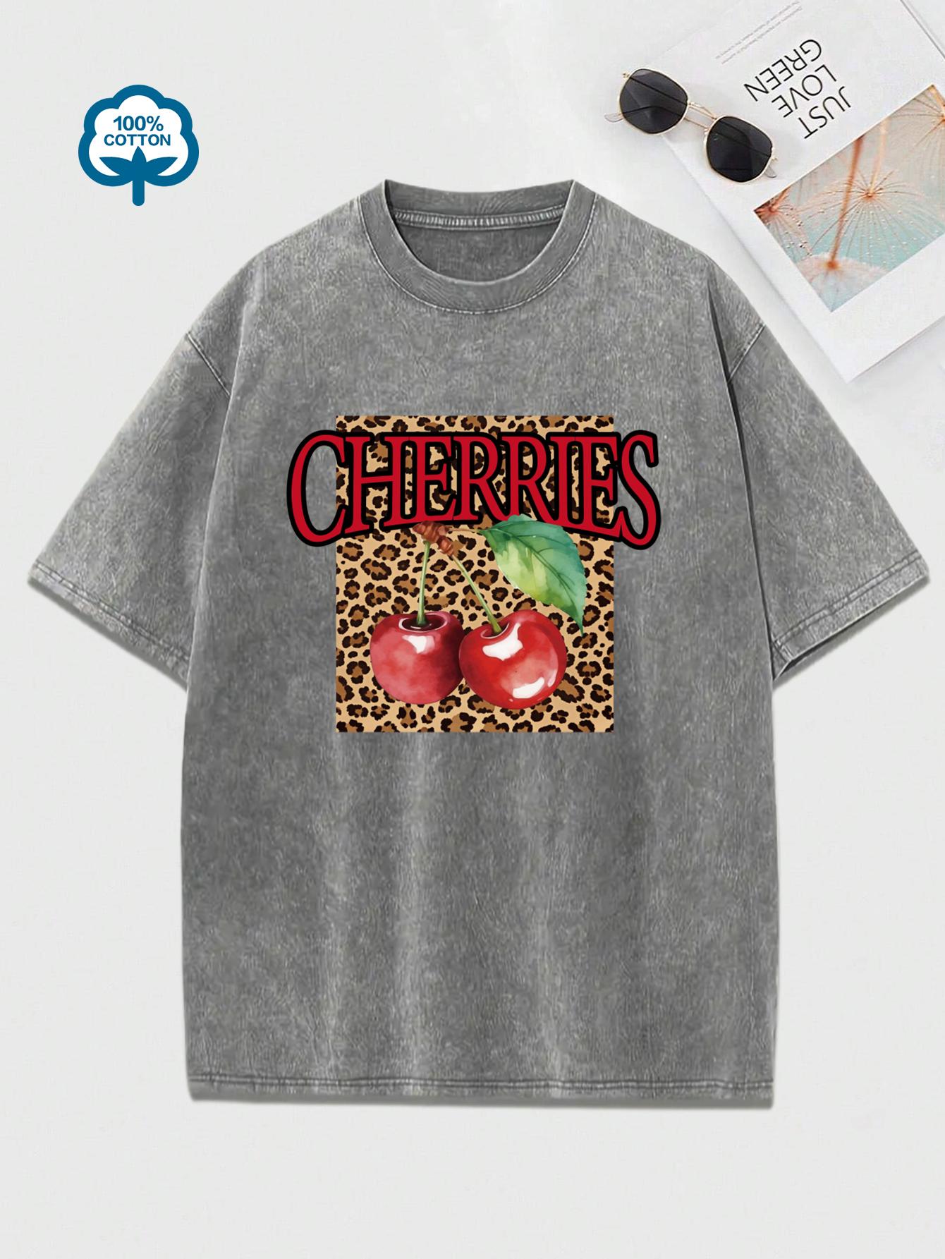 

Креативный леопардовый принт с рисунком вишни и фруктов, потертая футболка, женская повседневная хлопковая футболка, мягкий свободный топ с коротким рукавом 3XL