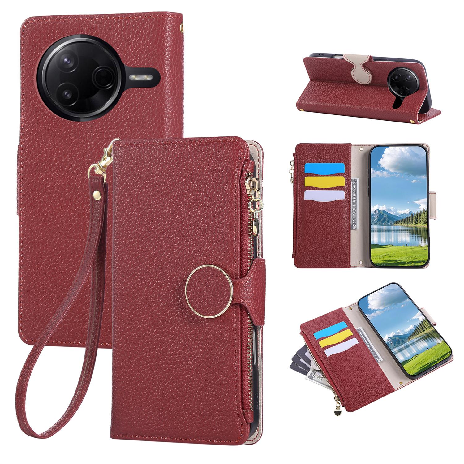 

For Xiaomi Poco F7 Pro 5G/Redmi K80 5G Case Zipper Wallet Leather Phone Cover with Wrist Strap Wine Red