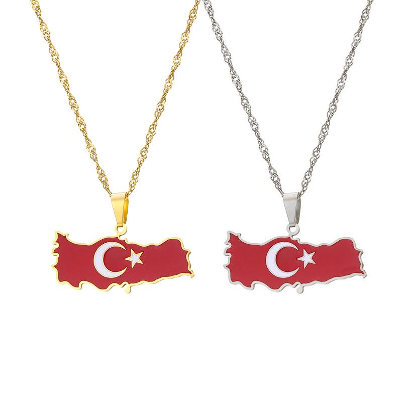 Retro Drip Oil Türkei Karte Edelstahl Halskette - Geometrischer Anhänger Schlüsselbeinkette Schmuck