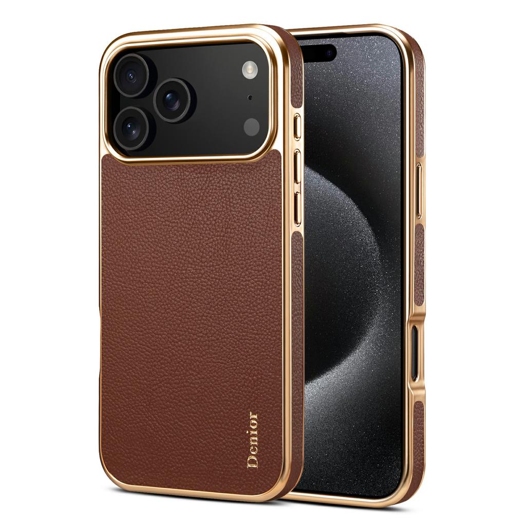 DENIOR Deksel til iPhone 17 Pro Ekte kuskinnbelagt PC+TPU Elektroplettert telefondeksel