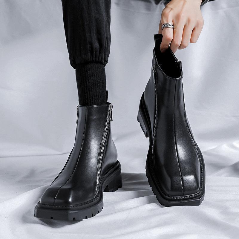Men Luxury Fashion Chelsea Boots Black Trend Square Toe Shoes  Designer Original Leather Boot Cowboy Platform Ankle Botas