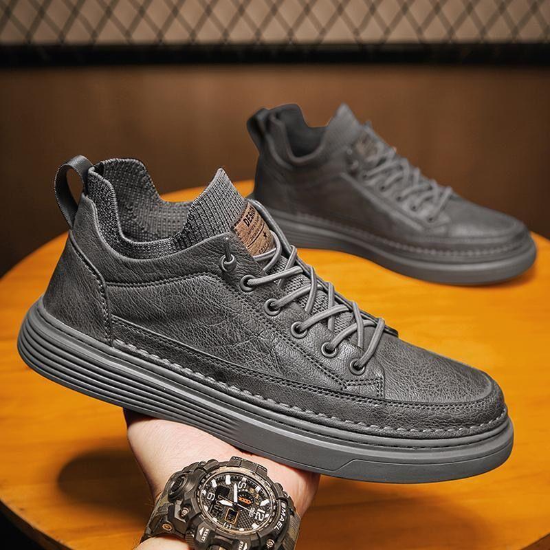 

Spring men s shoes new breathable high-top chef shoes men s trend versatile black leather shoes sports board shoes work shoes 39