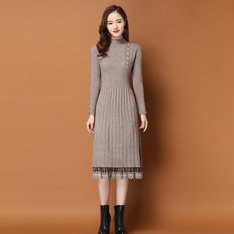 

Облегающее длинное платье-свитер для женщин, длинный свитер с полувысоким воротником, однотонное повседневное платье с завышенной талией 2XL хаки