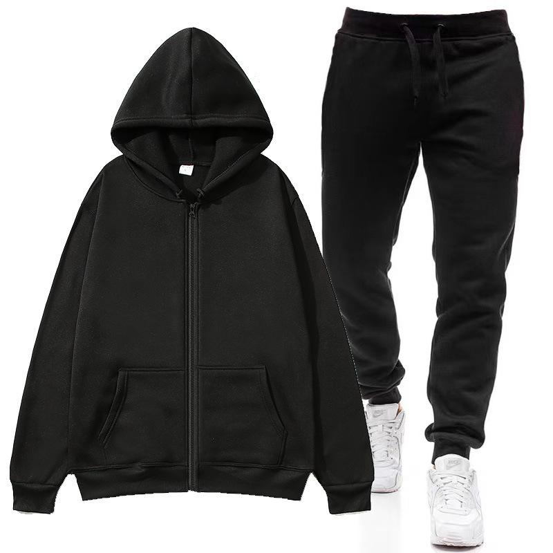 Dwuczęściowy zestaw z kapturem Bluza z kapturem w jednolitym kolorze, rozpinana, z kapturem + czarne spodnie, damska bluza z kapturem, jesienna męska bluza z kapturem + spodnie