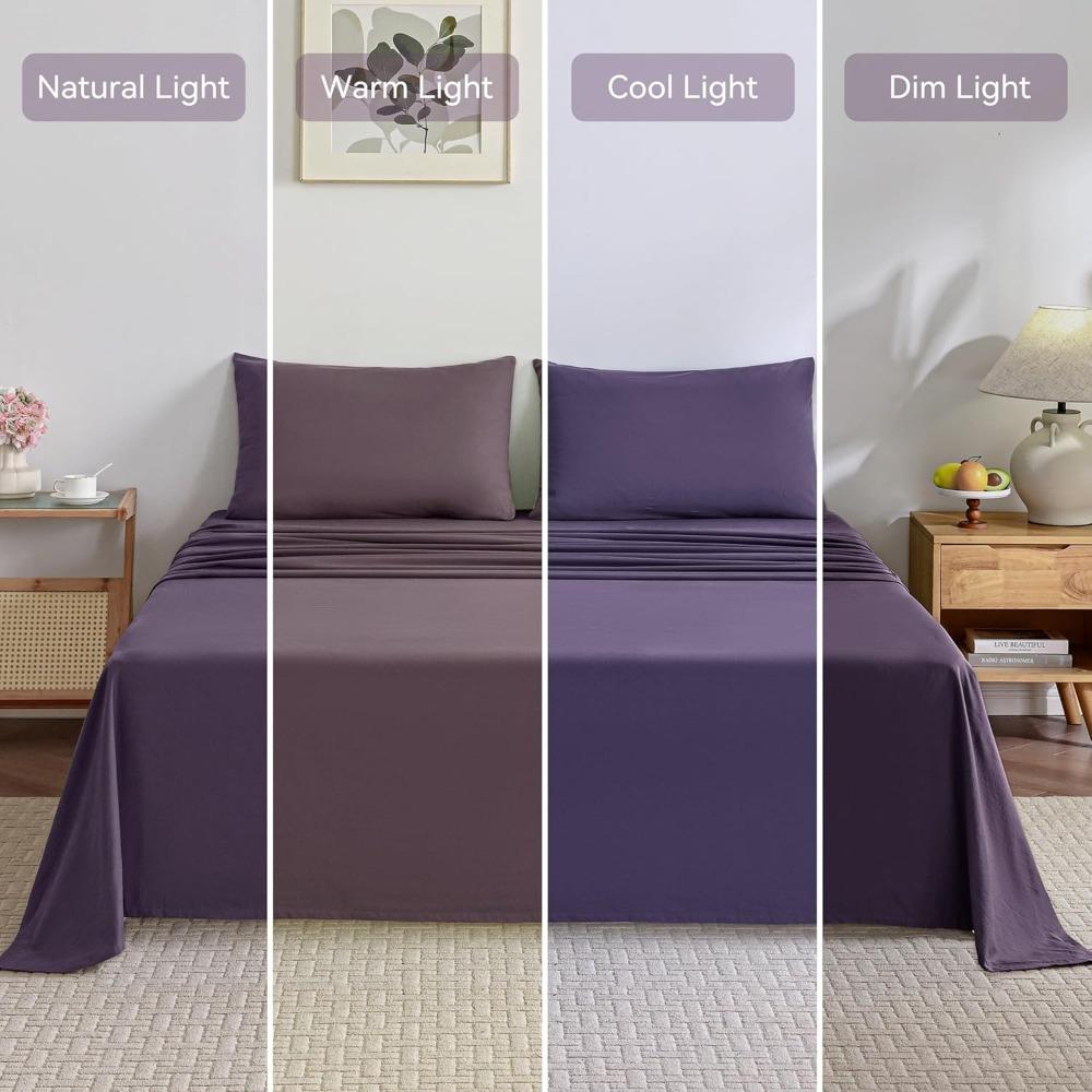 JELLYMONI Sheet Set King Size 4pcs Cotton Purple Easy-Fit 16 Inch Deep Pocket 100% Washed Cotton Soft Breathable (1 Fitted Sheet