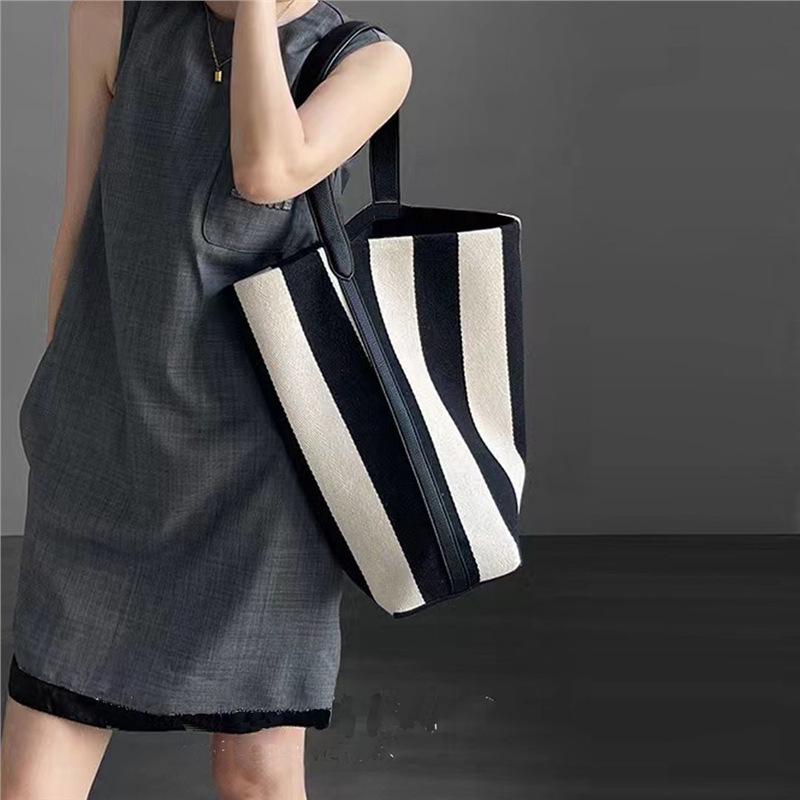 

Women s Large Capacity Striped Canvas Tote Bag - Lazy Style Commute Bucket Shoulder Bag Standard