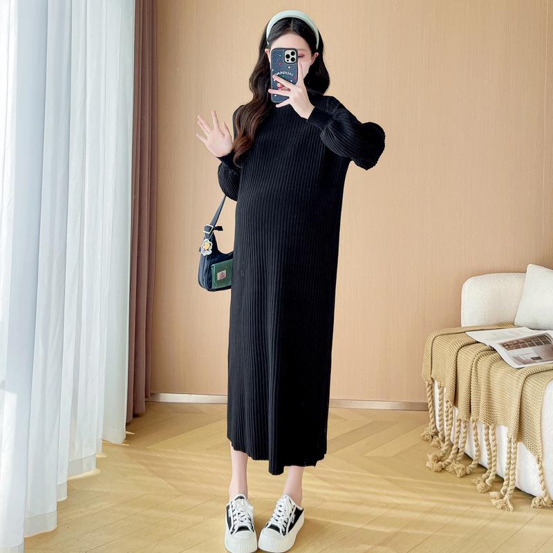 Premium Maternity Knit Sweater Dress - Solid Color, High Neck, Slimming Fit, Autumn/Winter Style 2XL