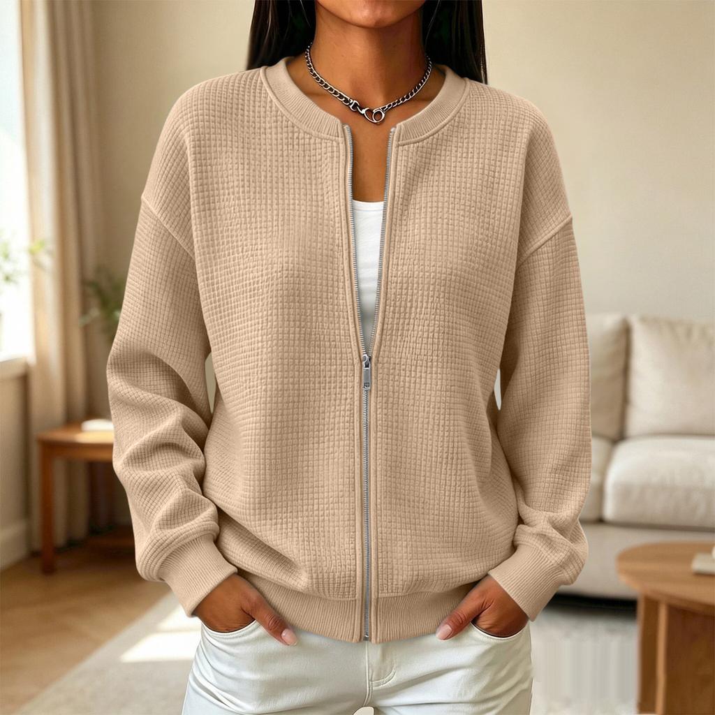 Damen Langarm Strickjacke mit Reißverschluss und Rundhalsausschnitt für Herbst und Winter