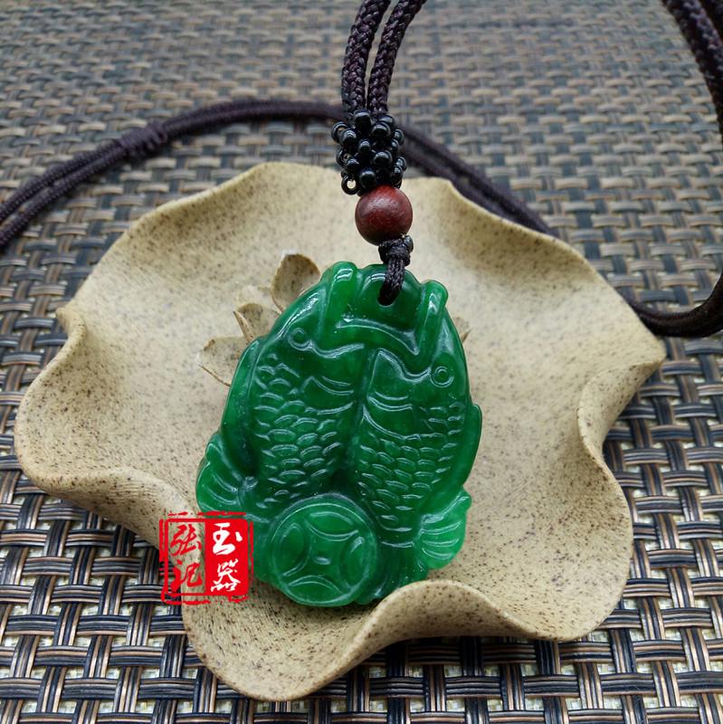 Myanmar Jade Iron Dragon Green Double Fish Ethnic Pendant Necklace Sweater Chain