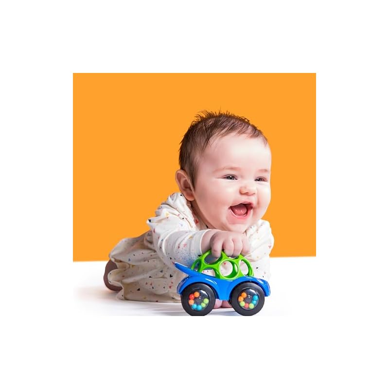 Bright Starts Oball Rattle & Roll [6 months+] Sports Car Stroller Toy, Teether, Rattle, Baby Shower Gift, Blue 81559