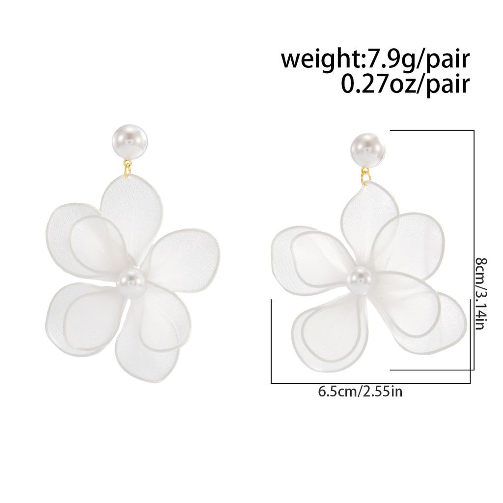 Damen Weiße Netz-Blumen-Hängeohrringe, Imitationsperlen-Hängeohrringe, Statement-Schmuck für Braut, Hochzeit, Party