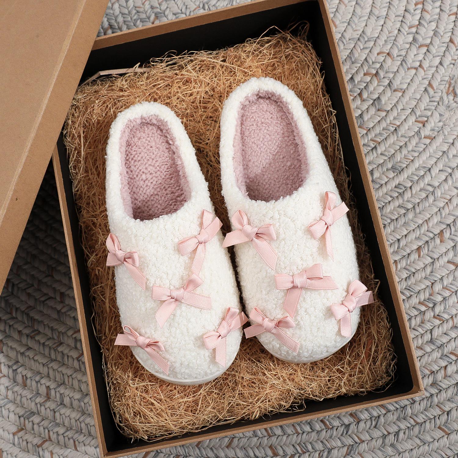 

Fashion Cute Plush Shoes Winter Women s Fashion Bow Knot Warm Home Shoes Thicken Lightweight Comfortable Indoor Non Slip Cotton Slippers 36-37 белый