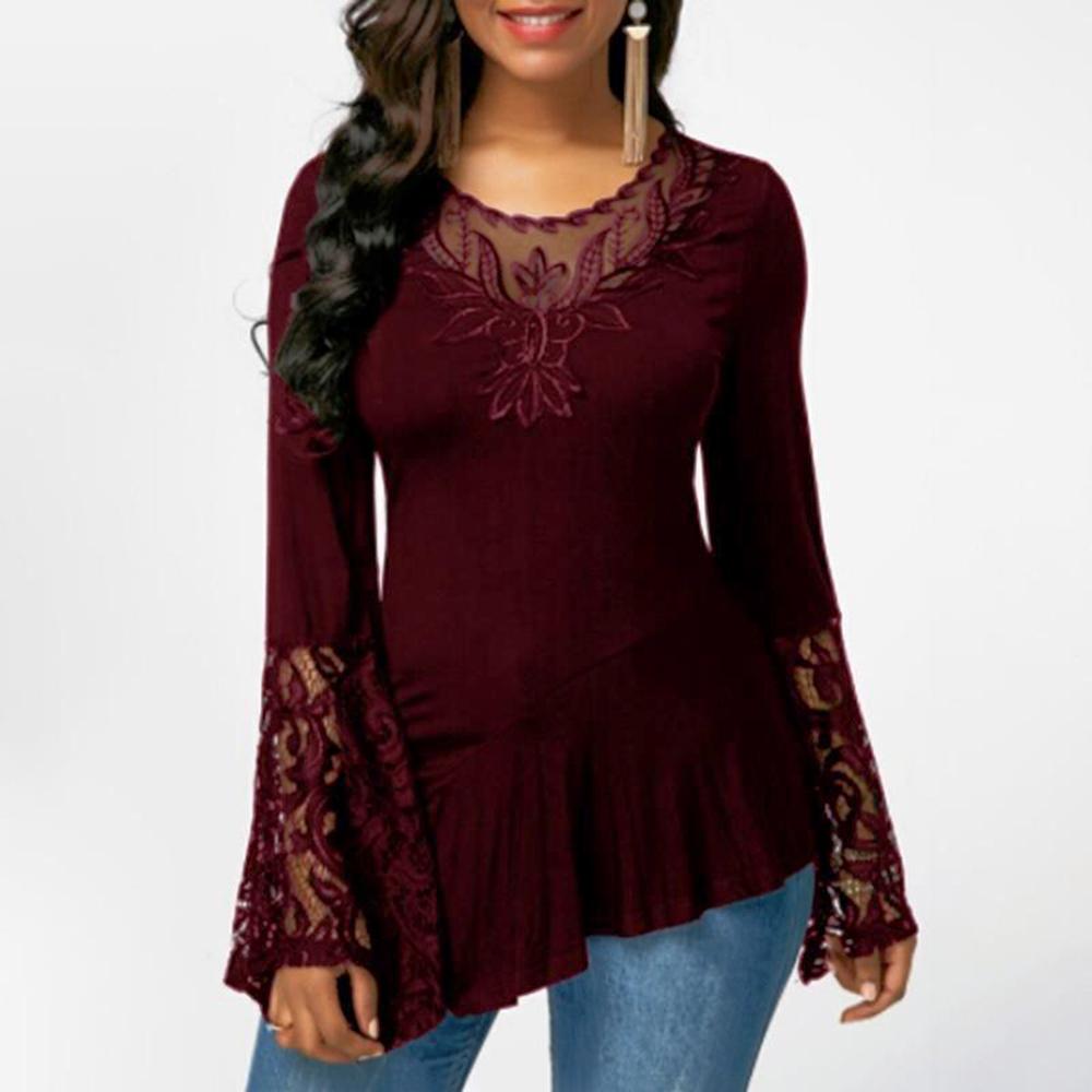 Womens Sexy Autumn Plus Size Solid Pullover Long Flared Sleeve Tshirt Ladies Printed Tunic Tops Blouses Clothing