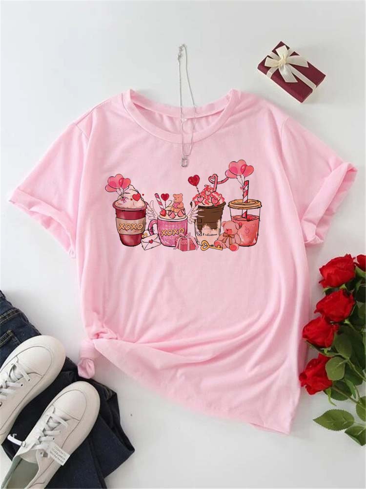 Women's T-shirt Korean Fashion Graphic Cup Print Women's Clothing T-shirts for Valentine's for Lovers Aesthetic Clothes Casual