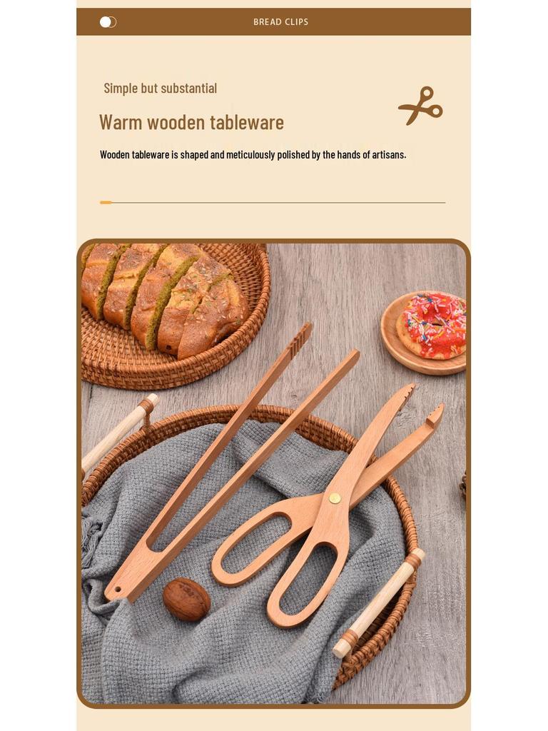 Wooden Portable Kitchen and BBQ Food Tongs for Desserts, Pastry, and Bread