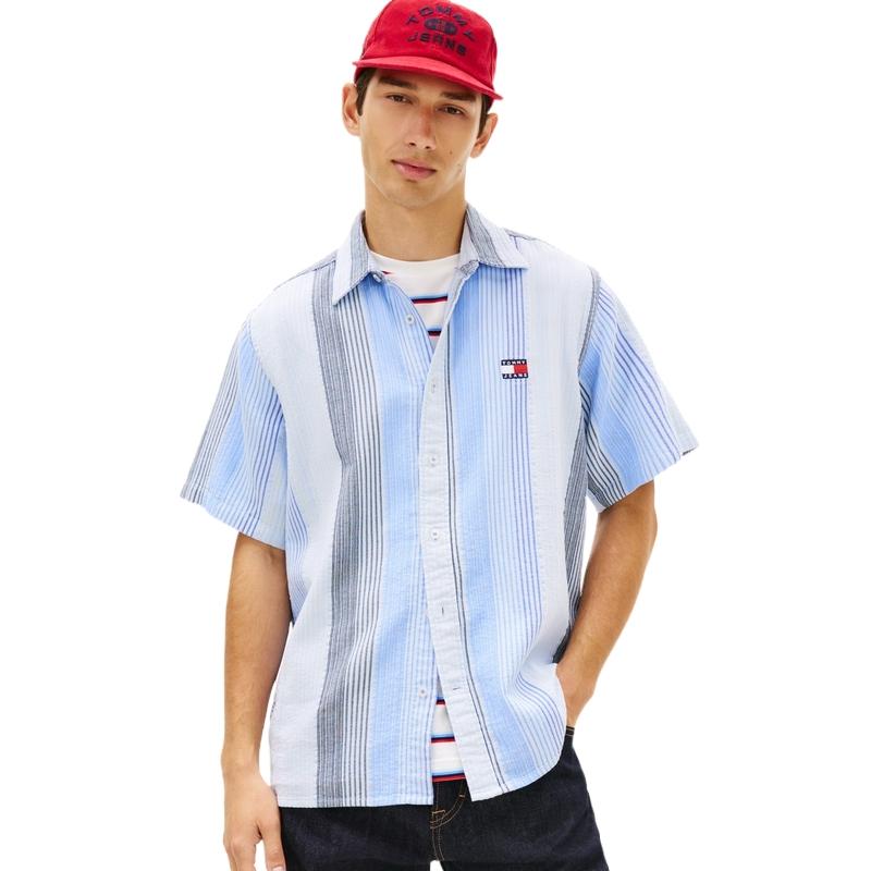 Tommy Hilfiger Cotton Vintage Casual Color-Block Striped Textured Loose Short Sleeve Shirt Men Shirts DM0DM22789