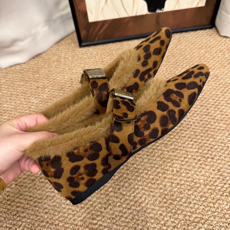 Leopard Print Mary Jane Single Shoes Autumn and Winter New Pointed Small Inner Height Increase Plush Shoes