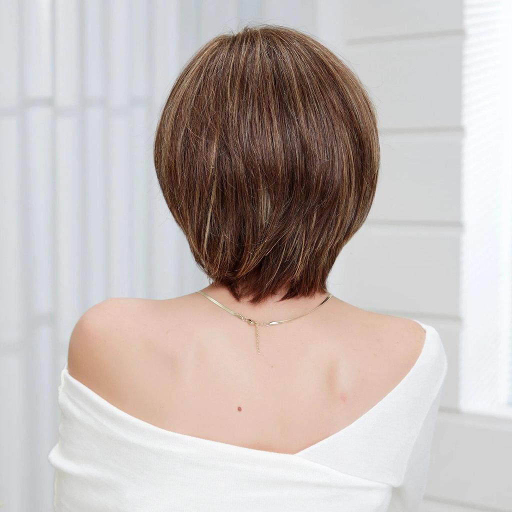 Short Brown Mixed Blonde Human Hair Blend Wigs Bob Straight Wigs with Bangs Human Hairs Heat Resistant for Women