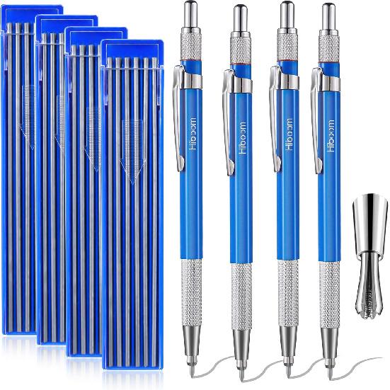 Hiboom 2 Pcs Welders Pencil with 24 Pcs Silver Round Refills, Mechanical Pencils Metal Marker with Built in Sharpener for Pipe Fitter Welder Steel