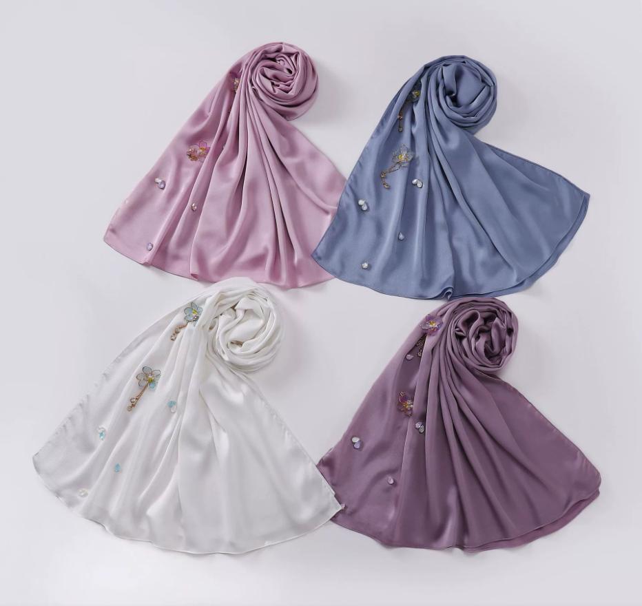 Fashion Hijab With Diamonds Flowers Muslim Scarf Shawls Solid Headscarf Wraps Ramadan Eid Hijabs Headband Turban