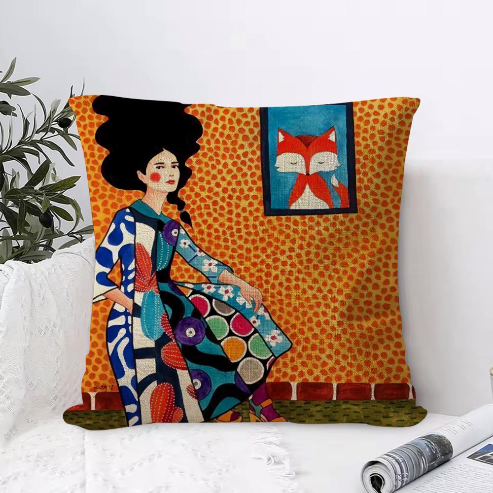 Abstract Girl Hair Flower Cushion Cover Breathable Linen Pillow Cover SkinFriendly Home Decor Pillowcase with Hidden Zipper