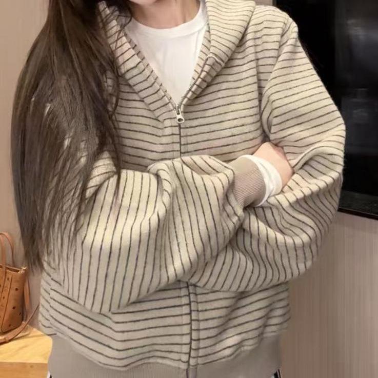 Женская куртка-кардиган на молнии с капюшоном в полоску, ранний осенний стиль - Нишевый ленивый стиль, Повседневная свободная кофта L (65-75 kg)